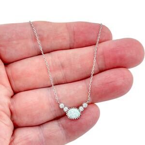Vintage Sterling Silver 925 Opal Cubic Zirconia Necklace 16"-18"